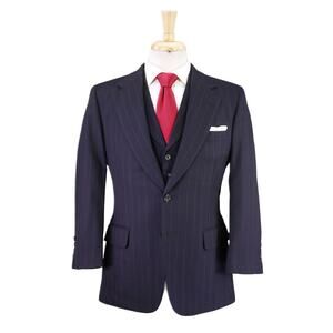 Paul Stuart Navy Blue Chalkstripe Suit Blazer and Vest Wool 36S